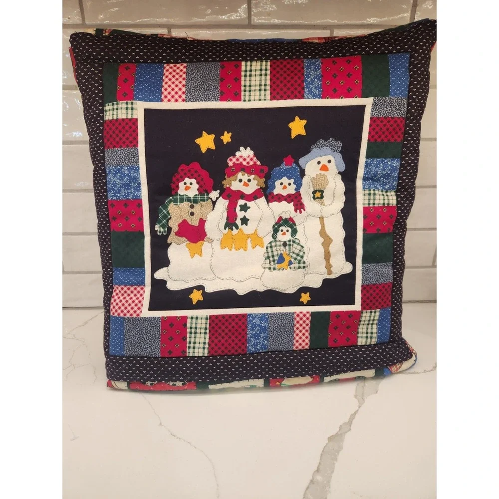 Vtg.‎ Snowman Family Finished Quilt Throw/Pillow Combo Double Sided Christmas